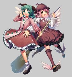  2girls :d animal_ears bamboo_broom bird_ears bird_wings black_shoes blush broom brown_dress brown_eyes brown_hat collared_shirt commentary_request dog_ears dog_girl dog_tail dress frilled_dress frills full_body green_eyes green_hair green_nails hat holding holding_broom kapuchii kasodani_kyouko long_sleeves looking_at_viewer medium_hair multiple_girls mystia_lorelei open_mouth pinafore_dress pink_dress pink_hair shirt shoes sleeveless sleeveless_dress smile socks tail touhou white_shirt white_socks winged_hat winged_shoes wings 