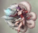  ahri animal_ears bare_shoulders breasts cleavage energy_ball foliage fox_ears fox_tail league_of_legends long_hair multiple_tails purple_hair solo tail tassel 