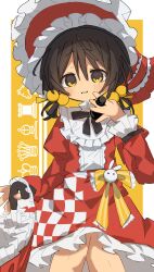  1girl absurdres alternate_costume asymmetrical_dress bib_collar black_bow board_game bonnet bow brown_hair checkered_clothes checkered_dress chess chess_piece collar commentary dress frilled_collar frilled_dress frilled_sleeves frills hair_between_eyes hair_bobbles hair_ornament highres holding holding_chess_piece holding_umbrella kaai_yuki light_blush light_smile looking_at_viewer low_twintails manmaru_umiushi rabbit_ornament raised_eyebrows red_bonnet red_dress red_umbrella shogi_ichiban!_(vocaloid) short_hair sitting sleeve_bow twintails two-tone_background umbrella vocaloid white_background white_collar yellow_background yellow_bow yellow_eyes 