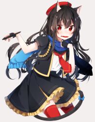  1girl absurdres ahoge animal_ear_fluff animal_ears artist_glove beret black_hair black_sailor_collar blush bow cat_ears cat_girl cat_tail closed_mouth commentary_request cowboy_shot dot_nose fish fish_in_mouth food_in_mouth hair_between_eyes hat heripiro highres holding holding_stylus knees_out_of_frame long_hair looking_at_viewer mouth_hold neckerchief necktie original red_eyes red_hat red_neckerchief red_necktie red_thighhighs sailor_collar scarf short_sleeves simple_background skirt solo stylus tail tail_bow tail_ornament thigh-highs two-tone_scarf very_long_hair white_background 