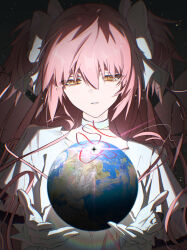  1girl absurdly_long_hair birthday bow choker dress earth_(planet) english_commentary gloves goddess_madoka h_tora4 hair_bow highres kaname_madoka long_hair magical_girl mahou_shoujo_madoka_magica mahou_shoujo_madoka_magica_(anime) parted_lips pink_hair planet ribbon_choker two_side_up very_long_hair white_bow white_choker white_dress white_gloves yellow_eyes 