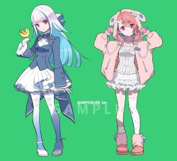  2girls asymmetrical_legwear bird bird_on_hand blue_hair blue_jacket closed_mouth coattails colored_inner_hair commentary company_name copyright_notice dot_mouth dress fluffy_clothes full_body green_background hands_up hood hood_up hooded_jacket jacket katagiri_ikumi lize_helesta long_hair long_sleeves looking_at_viewer mismatched_legwear mole mole_under_eye multico multicolored_hair multiple_girls nijisanji official_alternate_costume official_art pantyhose pink_eyes pink_hair pink_jacket pink_shoes sample_watermark sasaki_saku sebastian_piyodore shoes simple_background single_thighhigh smile standing tailcoat thigh-highs violet_eyes virtual_youtuber watermark white_dress white_hair white_pantyhose white_shoes white_thighhighs 