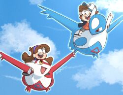  1boy 1girl :d artsymeeshee baseball_cap black_shoes blue_hat blue_skin blue_sky blue_vest blush braces brown_hair clouds colored_skin commentary dipper_pines dragon full_body gravity_falls grey_shorts hairband hat highres latias latios long_hair mabel_pines outdoors pine_tree pokemon pokemon_(creature) purple_hairband purple_sweater red_eyes red_shirt red_skin riding riding_pokemon shirt shoes short_hair short_sleeves shorts siblings sky smile socks sweater t-shirt teeth tree triangle twins twitter_username two-tone_hat upper_teeth_only vest white_hat white_skin white_socks yellow_eyes 