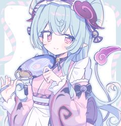  1girl apron aqua_border aqua_hair aqua_outline ayase_(chiiit_r) bell black_bow black_choker blush border bow choker closed_mouth commentary detached_sleeves dot_nose eyelashes frilled_hairband frilled_kimono frilled_sleeves frills genshin_impact hair_between_eyes hair_ornament hairband hand_fan hands_up heart highres holding holding_fan japanese_clothes jingle_bell kimono long_hair long_sleeves looking_at_viewer multicolored_eyes neck_bell nihongami obi obiage outline outside_border pink_eyes pink_kimono pink_sleeves pointy_ears sash sidelocks sleeveless sleeveless_kimono smile solo split_mouth tail tapir_tail untranslatable_commentary upper_body very_long_hair waist_apron white_apron white_background white_sash wide_sleeves yumemizuki_mizuki 