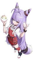  1girl absurdres ahoge animal_ears apron belt black_belt black_leg_warmers black_ribbon blue_eyes blunt_bangs carbonara_(pixiv_36635631) character_name commentary cone_hair_bun double_bun english_commentary flat_chest fox_ears fox_girl fox_tail from_above full_body hair_bun hair_ears hair_intakes heterochromia highres inari_(tenko_shibuki) leg_warmers long_hair long_sidelocks looking_at_viewer miniskirt multicolored_hair purple_hair purple_tail red_apron red_skirt red_thighhighs ribbon shirt shoes short_sleeves sidelocks simple_background skirt stellive streaked_hair tail tenko_shibuki thigh-highs two-tone_tail very_long_hair virtual_youtuber white_background white_shirt white_shoes white_streaks white_tail yellow_eyes 