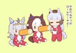  3girls =_= animal_ears blunt_bangs blush brown_hair cake chibi chibi_only closed_eyes commentary_request dated_commentary feeding food full_body gold_ship_(umamusume) gomashio_(goma_feet) green_background grey_hair horse_ears horse_girl horse_tail jacket long_hair multicolored_hair multiple_girls no_mouth oguri_cap_(umamusume) pants red_jacket red_pants short_hair simple_background sitting special_week_(umamusume) standing swiss_roll tail tracen_training_uniform track_jacket track_pants translation_request two-tone_hair umamusume white_hair |_| 