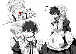  2boys absurdres apron black_dress black_eyes black_hair black_shorts blue_eyes blush child collared_shirt colored_eyelashes commentary_request crossdressing crossdressing_(mtf) dress frilled_apron frills hair_between_eyes highres kimpyogo korean_commentary long_sleeves maid maid_apron maid_headdress male_focus male_maid multiple_boys multiple_views original puffy_sleeves shirt short_hair shorts simple_background smile upper_body white_apron white_hair white_shirt 