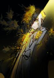  1girl closed_mouth coat commentary_request cowboy_shot dongbaek_(project_moon) e.g.o_(project_moon) flower grey_coat hair_flower hair_ornament hanbok korean_clothes limbus_company looking_at_viewer project_moon short_hair smoke_(killscreen_s) solo spicebush_(e.g.o) white_hair white_hanbok yellow_eyes yellow_flower 