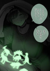 1girl breasts choker commentary_request dark earrings glow-in-the-dark green_theme grin highres jewelry large_breasts looking_at_viewer monochrome original ryouma_(galley) shirt short_hair smile solo speech_bubble translation_request under_covers 