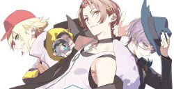  3boys backpack bag bangs_pinned_back bare_shoulders black_choker black_jacket black_nails black_suit black_tank_top blonde_hair blue_hair brown_eyes brown_hair choker collared_shirt ear_piercing fedora from_side green_eyes grin hair_ornament hairclip hat highres holding holding_poke_ball jacket jacket_partially_removed kagami_hayato long_sleeves looking_at_viewer looking_to_the_side male_focus multiple_boys nail_polish nijisanji off_shoulder official_alternate_costume open_clothes open_hand open_jacket pako_(pakosun) pendant_choker piercing poke_ball purple_hair red_hat sakaki_ness shirt short_hair sideways_glance simple_background smile suit suit_jacket tank_top uzuki_kou virtual_youtuber white_background white_shirt white_tank_top yellow_jacket z_hair_ornament 
