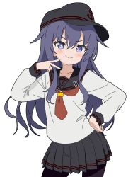  1girl absurdres akatsuki_(kancolle) akatsuki_kai_ni_(kancolle) anchor_symbol black_hair black_skirt blush cowboy_shot flat_cap hair_between_eyes hat highres kantai_collection long_hair long_sleeves neckerchief pantyhose pleated_skirt purple_hair red_neckerchief sailor_collar school_uniform serafuku skirt smile solo sugapi violet_eyes white_background 