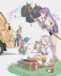  2boys 4girls absurdres aura_(sousou_no_frieren) aura_bullying_(meme) bag black_shorts bosstseng breasts chinese_commentary cigarette commentary_request contemporary crossover cup demon_horns dolphin_shorts dress drinking fern_(sousou_no_frieren) frieren garbage_truck gloves grass hard_hat helmet highres holding holding_bag holding_cup holding_staff horns kettle large_breasts meme mimic mimic_chest motor_vehicle multiple_boys multiple_girls o_o pikachu pillow pokemon pokemon_(creature) sandals sein_(sousou_no_frieren) seiza short_shorts shorts sitting sousou_no_frieren staff story_in_commentary table teapot trash_bag truck two_side_up ubel_(sousou_no_frieren) unworn_sandals white_dress white_gloves 