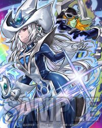  1boy 1girl anonymous_(yu-gi-oh!) aura back-to-back blonde_hair duel_monster fake_horns gloves grey_hair hair_over_one_eye hat helmet highres holding holding_wand horned_helmet horns long_hair official_art one_eye_covered sample_watermark silent_magician silent_swordsman tabard violet_eyes wand watermark white_gloves white_hat white_tabard wizard_hat yu-gi-oh! 