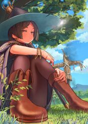  1girl arm_on_knee bangle black_hair black_hat blue_sky boots bracelet brown_boots brown_pantyhose cloak closed_mouth clouds cloudy_sky commentary crescent crescent_earrings dangle_earrings day dress earrings fingernails fire fold-over_boots full_body gold_bangle gold_earrings grass grey_dress hand_on_own_leg hat highres hood hood_down hooded_cloak jewelry knees_together_feet_apart knees_up lens_flare looking_at_viewer mage_staff mole mole_under_eye nail_polish on_ground orange_nails original outdoors pantyhose parted_bangs purple_cloak scarecrow short_hair sideways_glance sitting sky smoke solo staff straw_(stalk) toraneko tree two-sided_fabric two-sided_headwear wide_brim yellow_eyes 