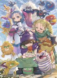  1boy 2girls :3 absurdres aged_down animal arm_on_another's_head bare_arms belt bianca_(dq5) black_eyes black_hair blue_eyes borongo bow bracelet braid braided_twintails brownie_(dragon_quest) cape cat chimaera_(dragon_quest) commentary_request corset dracky dragon_quest dragon_quest_v dragon_wings dress fandangow fang floating flora_(dq5) flying great_sabrecub green_cape green_eyes green_tunic hair_bow healslime hero_(dq5) highres holding holding_animal jailcat jewelry light_blush long_hair medium_hair multiple_girls open_mouth orange_dress outdoors pink_bow powie_yowie puffy_short_sleeves puffy_sleeves purple_cape purple_corset purple_turban rotten_apple_(dragon_quest) sharp_teeth short_sleeves sitting sleeveless_tunic slime_(dragon_quest) slime_knight small_fry_(dragon_quest) smile stamac_jack standing sweatdrop tearing_up teeth thigh-highs tongue tongue_out tunic turban twin_braids white_dress white_thighhighs wings 