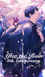  2boys absurdres after_the_rain anniversary back-to-back black_pants blue_gloves blue_hair blue_suit closed_eyes closed_mouth commentary_request cowboy_shot facing_ahead fingernails flower from_side gloves gradient_background hand_on_own_chest hand_on_own_head hand_up highres indie_utaite lapels long_sleeves mafumafu male_focus multiple_boys notched_lapels pants plum_blossoms pnt0005 profile red_gloves short_hair simple_background single_glove smile soraru suit utaite white_hair 
