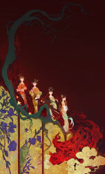  1142380460 4girls absurdres bare_tree burning burning_paper chinese_clothes chinese_hairpin clouds colorful commentary_request drum erhu fiery_background fire flower flute gold green_hanfu hair_ornament hair_stick hanfu harp highres instrument multiple_girls orange_hanfu original pipa_(instrument) playing_flute playing_instrument purple_flower red_hanfu ribbon sash screen tree updo withered 