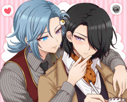  1boy 1girl ball billiard_ball black_hair black_necktie blue_eyes blue_hair brown_jacket chiebukuro_setsuka collared_coat collared_shirt commentary_request danganronpa_another glowing glowing_eye grey_shirt hair_between_eyes hair_ornament hair_over_one_eye hair_rings hand_on_another's_chin hand_on_another's_shoulder heart highres holding holding_notepad holding_pen jacket kocho_1229 long_sleeves missing_headwear necktie notepad orange_scarf parted_bangs pen pink_background polka_dot polka_dot_scarf red_vest scarf shirt short_hair single_hair_ring smile spoken_heart striped_background striped_clothes striped_shirt super_danganronpa_another_2 vertical-striped_background vertical-striped_clothes vertical-striped_shirt vest violet_eyes white_shirt yomiuri_nikei 