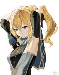  1girl armpits artist_name bare_shoulders blonde_hair blue_eyes bow cape capelet collarbone commentary_request detached_sleeves genshin_impact hair_between_eyes hair_bow highres jean_(genshin_impact) long_hair ponytail raiya_atelier sidelocks signature simple_background solo tying_hair white_background 