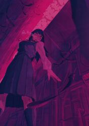  1girl absurdres black_feathers black_socks breasts breath chainsaw_man clouds cloudy_sky cross_scar dress_shirt falling_feathers feathers fourth_east_high_school_uniform from_below hallway highres industrial_pipe kuromakigaeru long_shirt long_sleeves medium_breasts neck_ribbon night parted_lips pleated_skirt red_eyes red_sky ribbon ringed_eyes scar scar_on_cheek scar_on_face scar_on_nose school_uniform shirt skirt sky socks suspender_skirt suspenders teeth white_shirt yoru_(chainsaw_man) 