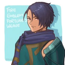  1boy armor black_hair blue_background blue_scarf brown_eyes commentary english_text fire_emblem fire_emblem:_fortune's_weave flamingo_(eme324) green_armor io_sariff male_focus scarf solo_focus tan upper_body 