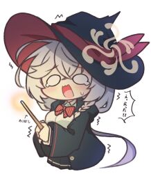  1girl black_hat black_skirt blue_archive blush bow bowtie braid chibi commentary_request crossed_bangs diagonal-striped_bow diagonal-striped_bowtie diagonal-striped_clothes eri_(blue_archive) grey_hair hair_between_eyes halo hat jacket karupa_(karupapon) long_hair long_sleeves open_mouth red_bow shirt side_halo simple_background skirt solo striped_bow striped_bowtie striped_clothes tilted_halo two-sided_fabric two-sided_headwear white_background white_shirt witch_hat yellow_halo 