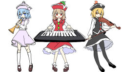  3girls absurdres black_hat black_pantyhose black_shoes black_skirt black_vest blonde_hair blue_eyes blue_hair brown_eyes brown_hair brown_shoes closed_mouth commentary_request crescent crescent_hat_ornament e.o. frilled_hat frills hat hat_ornament highres instrument keyboard_(instrument) kneehighs long_sleeves looking_at_viewer lunasa_prismriver lyrica_prismriver mary_janes merlin_prismriver multiple_girls pantyhose pink_hat pink_skirt pink_vest playing_instrument playing_trumpet red_hat red_skirt red_vest shirt shoes siblings simple_background sisters skirt skirt_set socks star_(symbol) star_hat_ornament touhou trumpet vest violin white_background white_shirt white_socks yellow_eyes 