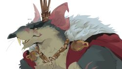  1boy animal_ears artist_name cape commentary cross_scar crown deadlock_(game) english_commentary fangs fur-trimmed_cape fur_trim furry furry_male highres looking_to_the_side male_focus mouse_boy mouse_ears muwsubi notched_ear open_mouth profile rat_king_(deadlock) red_cape scar scar_on_face scar_on_nose smile upper_body whiskers 