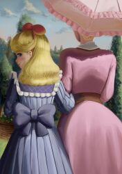  2girls ashita_no_nadja back_bow blonde_hair blue_bow blue_dress blue_eyes blue_sky bow bow_hairband character_request closed_mouth clouds cloudy_sky dress english_commentary frilled_dress_collar from_behind hairband highres holding holding_another's_arm holding_umbrella long_hair long_sleeves looking_at_viewer looking_back multiple_girls nunemi outdoors parasol pink_dress red_bow red_hairband rosemary_applefield sky smile tree umbrella 