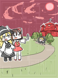  4girls apron ascot bat_wings black_boots black_hat black_skirt black_vest blonde_hair blue_hair boots bow braid brown_hair chibi chibi_only collared_shirt commentary_request darkness detached_sleeves embodiment_of_scarlet_devil full_moon gohei hair_bow hair_ribbon hair_tubes hakurei_reimu hat hat_bow highres holding holding_gohei kirisame_marisa long_hair mob_cap moon mt109 multiple_girls night pink_hat pink_shirt pink_skirt red_bow red_moon red_ribbon red_skirt red_sky remilia_scarlet ribbon ribbon-trimmed_sleeves ribbon_trim rumia shirt side_braid single_braid skirt skirt_set sky socks touhou umbra vest waist_apron watermark white_apron white_bow white_shirt white_socks wings witch_hat yellow_ascot 