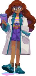 1girl ankle_socks aqua_trim bangs belt belt_buckle black_glasses blue_shoes brown_eyes brown_hair brown_socks camera closed_mouth coat dark-skinned_female dark_skin denim denim_shorts eyebrows eyebrows_visible_through_hair eyelashes footwear glasses highres holding holding_notepad long_coat long_hair long_sleeves looking_at_viewer mo.co mo.co_researcher_(mo.co) notepad npc official_art purple_shorts purple_stripes shoes shorts smile socks solo standing supercell two-tone_shirt yellow_shirt