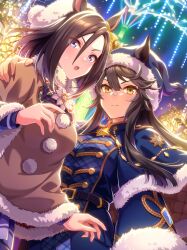  2girls absurdres air_groove_(umamusume) animal_ears argyle_bow argyle_bowtie argyle_clothes argyle_hat artist_request bandaid bandaid_on_face bandaid_on_nose belt belt_buckle black_belt blue_capelet blue_dress blue_eyes blue_hat blue_shirt blue_skirt blunt_ends blush bow bowtie breasts brooch brown_hair brown_poncho buckle buttons capelet card_(medium) card_commentary christmas closed_mouth commentary cowboy_shot dot_nose dress ear_bow ears_through_headwear eyeliner eyes_visible_through_hair fingernails flower flower_brooch fur-trimmed_capelet fur-trimmed_headwear fur-trimmed_poncho fur-trimmed_sleeves fur_trim game_asset green_bow green_bowtie hair_between_eyes hand_on_another's_shoulder happy hat highres horse_ears horse_girl jewelry large_breasts light_blush long_hair long_hair_between_eyes long_sidelocks long_sleeves makeup medium_hair miniskirt multiple_girls narita_brian_(glad_tidings)_(umamusume) narita_brian_(umamusume) night official_alternate_costume official_art open_mouth outdoors pleated_skirt pom_pom_(clothes) red_eyeliner santa_costume santa_hat school_uniform selfie shirt sidelocks skirt smile standing star_brooch surprised sweatdrop third-party_source tracen_school_uniform tsurime umamusume white_flower winter_clothes winter_uniform yellow_bow yellow_eyes 