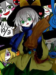  1girl bar_censor black_hat blonde_hair blue_mittens blush_stickers bow buttons censored censored_identity collared_shirt commentary_request crying dated diamond_button disembodied_linked_eye eyeball frilled_sleeves frills green_eyes green_skirt grey_hair hair_between_eyes hat hat_bow heart heripantomorrow holding koishi_komeiji's_heart-throbbing_adventure komeiji_koishi long_sleeves looking_at_viewer mittens multiple_views open_mouth red_eyes shirt skirt smile touhou violet_eyes wide_sleeves yellow_bow yellow_shirt 