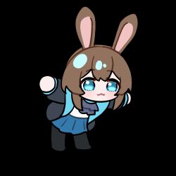  1girl :3 amiya_(arknights) animal_ears animated animated_gif arknights black_jacket black_pantyhose blue_eyes brown_hair chibi chibi_only chinese_commentary closed_mouth commentary_request dancing dancing_arona_(meme) full_body jacket jiuren long_hair looking_at_viewer meme pantyhose ponytail rabbit_ears rabbit_girl rabbit_tail smile solo standing tail transparent_background 