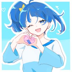  1girl blue_background blue_eyes blue_hair blue_shirt blue_theme bow casual commentary cut_bangs hair_bow heart heart_hands highres hikota. hirogaru_sky!_precure long_sleeves looking_at_viewer medium_hair one_eye_closed open_mouth precure shirt side_ponytail single_sidelock smile solo sora_harewataru t-shirt two-tone_shirt upper_body white_shirt yellow_bow 