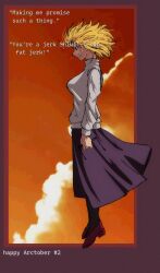  1girl antenna_hair arcueid_brunestud blonde_hair brown_pantyhose commentary crying english_commentary english_text floating_hair from_side glasses high_heels highres holding holding_removed_eyewear isaacshouse2 long_skirt looking_down pantyhose profile purple_skirt red_eyes red_shoes sad shade shoes short_hair sidelocks skirt solo streaming_tears sunset sweater tears tsukihime turtleneck turtleneck_sweater unworn_eyewear white_sweater 