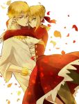  1girl 2boys blonde_hair bracelet couple crossover dress earrings epaulettes fate/extra fate/stay_night fate/zero fate_(series) gilgamesh green_eyes hair_ribbon hug jewelry multiple_boys necklace petals red_eyes ribbon saber_extra short_hair smile uki001 