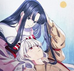  2girls black_eyes black_hair bow bowtie brown_shirt collared_shirt commentary_request frilled_shirt_collar frilled_sleeves frills fujiwara_no_mokou grey_hair hair_bow highres houraisan_kaguya lap_pillow long_hair long_sleeves mokoiscat multiple_girls pink_shirt red_eyes shirt suspenders touhou traditional_media white_bow white_bowtie wide_sleeves yuri 