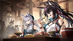  2girls :t animal_ears arknights artist_request bare_shoulders black_hair blaze_(arknights) blaze_the_igniting_spark_(arknights) blue_eyes bowl braid cat_ears cat_girl chopsticks cleavage_cutout clothing_cutout eating food game_asset hair_between_eyes hair_ornament hairclip hand_up hat headband highres holding holding_bowl holding_chopsticks holding_with_chopsticks indoors infection_monitor_(arknights) long_hair looking_at_food mole mole_under_mouth multiple_girls official_art open_mouth people ponytail rice shirt single_bare_shoulder teeth third-party_source upper_body upper_teeth_only violet_eyes white_shirt xingzhu_(arknights) 