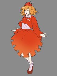  1girl aki_shizuha blonde_hair commentary daimaku english_commentary full_body grey_background hair_ornament highres leaf_hair_ornament long_sleeves open_mouth orange_skirt short_hair simple_background skirt smile socks solo touhou undershirt white_socks yellow_eyes 