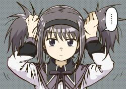... 1girl akemi_homura akemi_homura_(magical_girl) black_eyes black_hair black_hairband black_ribbon bunching_hair closed_mouth commentary_request expressionless frown grey_background hairband hands_up highres jacket long_sleeves looking_at_viewer magical_girl mahou_shoujo_madoka_magica mahou_shoujo_madoka_magica_(anime) neck_ribbon okai_(pixiv6333) polka_dot polka_dot_background ribbon solo spoken_ellipsis straight-on white_jacket
