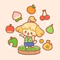  1girl :3 animal_crossing animal_ears apple artist_name bag blue_skirt blush cherry coin commentary dog_ears dog_girl english_commentary food fruit grass green_vest highres isabelle_(animal_crossing) leaf neck_ribbon open_mouth orange_(fruit) peach pear peggy_(eggumu) pink_background red_ribbon ribbon sack short_sleeves simple_background skirt smile solid_circle_eyes sparkle vest 