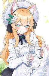  1girl alternate_costume animal_ear_fluff animal_ears aqua_eyes black_bow black_bowtie black_hairband blue_archive blush bow bowtie cat_ears cat_girl commentary_request double-parted_bangs dress fingernails flower hair_flower hair_ornament hairband halo hat heimu_(heim_kstr) long_hair long_sleeves looking_at_viewer mari_(blue_archive) orange_hair sleeves_past_wrists smile solo upper_body white_background white_dress white_flower white_hat yellow_halo 