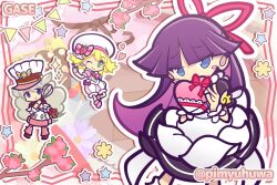  3girls amitie_(puyopuyo) amitie_(sweet)_(puyopuyo) apron back_bow black_dress blonde_hair blue_eyes blush_stickers bow box branch brown_hair character_doll chef_hat chibi closed_mouth coat commentary_request covered_mouth covering_own_mouth doll dress feli_(lovestruck)_(puyopuyo) feli_(puyopuyo) flower fork green_eyes hair_bow hair_ribbon hat heart heart-shaped_box holding holding_box holding_fork holding_whisk leg_warmers long_hair looking_at_viewer multiple_girls official_alternate_costume official_style one_eye_closed otsukimi_maile otsukimi_maile_(cooking) outline paprisu_(puyopuyo) pennant pimyuhuwa pink_bow pink_flower pink_leg_warmers pink_shirt pink_shoes pink_shorts puffy_short_sleeves puffy_shorts puffy_sleeves purple_hair puyopuyo puyopuyo_quest red_ribbon red_shoes ribbon shirt shoes short_hair short_sleeves shorts smile sparkle standing string_of_flags striped_clothes striped_shorts twitter_username valentine vertical-striped_clothes vertical-striped_shorts very_long_hair whisk white_apron white_bow white_coat white_hat white_outline wristband yellow_flower 