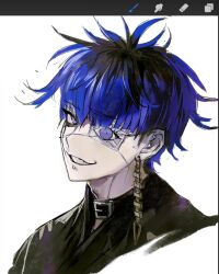  1boy art_program_in_frame black_collar black_hair black_haori black_kimono blue_eyes blue_hair chinese_commentary collar commentary_request cropped_shoulders earrings eye_print eyepatch face_piercing grin haori highres japanese_clothes jewelry kasuwa123 kimono labret_piercing looking_at_viewer male_focus multicolored_hair omokage_yugamu piercing portrait print_eyepatch short_hair sketch smile solo the_hundred_line_-last_defense_academy- violet_eyes 