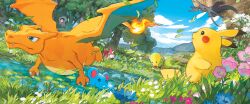  absurdres aqua_eyes artist_request bellsprout blue_flower blue_sky charizard claws closed_mouth clouds day dragon dragon_wings duskull fang fire flame-tipped_tail flower flying grass highres leaf lily_pad marill nature no_humans nostrils official_art open_mouth outdoors partially_submerged pikachu pink_flower pokemon pokemon_(creature) pokemon_focus pokemon_tcg salazzle second-party_source sky tail tree water wings wurmple 