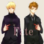  blonde_hair blood brown_hair cross emiya_kiritsugu emiya_kiritsugu_(cosplay) emiya_shirou fate/stay_night fate/zero fate_(series) gilgamesh haine_(howling) kotomine_kirei kotomine_kirei_(cosplay) long_coat male multiple_boys necktie pointing red_eyes yellow_eyes 