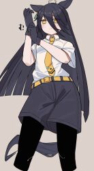  1girl adjusting_clothes adjusting_gloves ahoge animal_ears belt black_gloves black_hair black_pantyhose black_shorts breasts closed_mouth collared_shirt commentary_request ear_tag earrings gloves hair_between_eyes highres horse_ears horse_girl horse_tail jewelry komineya_san long_bangs long_hair long_hair_between_eyes looking_at_viewer manhattan_cafe_(umamusume) multicolored_hair necktie pantyhose pantyhose_under_shorts shirt short_sleeves shorts simple_background single_earring small_breasts solo tail umamusume white_hair white_shirt yellow_belt yellow_eyes yellow_necktie 