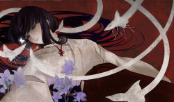  1girl avcg3542 bellflower blunt_bangs chinese_bellflower creature empty_eyes flower glowing_flower hair_rings hakama highres inuyasha japanese_clothes kikyou_(inuyasha) long_hair low-tied_long_hair lying miko on_back purple_flower red_background red_hakama sad shinidamachuu simple_background takenaga_hairtie 