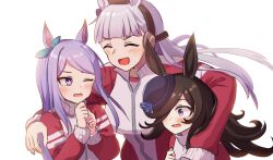  3girls animal_ears aqua_bow arm_around_neck blue_flower blue_hat blue_rose blunt_bangs blush bow breasts brown_hair brown_hat closed_eyes ear_bow ear_ribbon flipped_hair flower gold_ship_(umamusume) grey_hair gym_shirt hair_over_one_eye hat hat_flower horse_ears horse_girl jacket large_breasts long_hair long_sleeves mejiro_mcqueen_(umamusume) multiple_girls one_eye_closed open_mouth pillbox_hat purple_hair red_jacket rice_shower_(umamusume) rose shirt smile tilted_headwear tracen_training_uniform track_jacket umamusume umedoufu violet_eyes white_shirt 